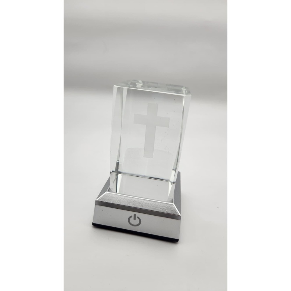 3D Crystal Cross Figurine with Colorful Light Base, Christian Decoration